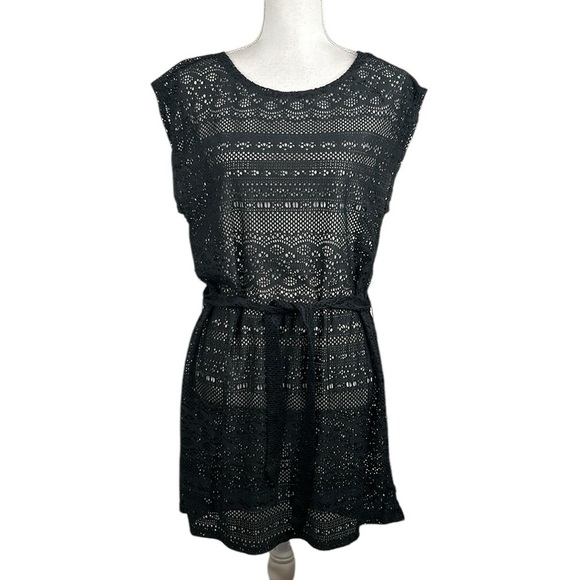 Merona Black Open Mesh Short Sleeve Swimsuit Cover Up with Front Tie Size Medium - Picture 1 of 7